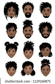 Set of faces of black men and girl with dreadlocks and different hairstyles. Vector illustration.