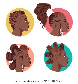 Rostros de mujeres negras con diferentes estilos de cabello tradicionales africanos. Ideal para avatares, salones de belleza. Ilustración vectorial de dibujos animados planos
