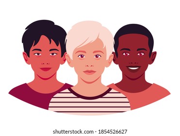 Set of faces of boys. The heads of  Asian, African and Caucasian children. Avatars of  schoolboys. Vector flat illustration