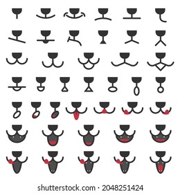 A set of faces of cats or dogs with different emotions. Rounded nose and open or closed mouth in different positions. Isolated vector illustrations.