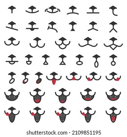 A set of faces of cats or dogs with various emotions. Open or closed mouth and triangle nose. Smile, joy, anger, sadness. Vector illustration icons.