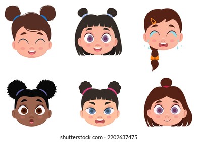 Set of faces, child emotions, shock, angry, cheerful, smiling, crying. Vector illustration