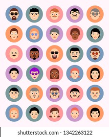 Set faces in circles, avatars, icons, people of different nationalities in flat style