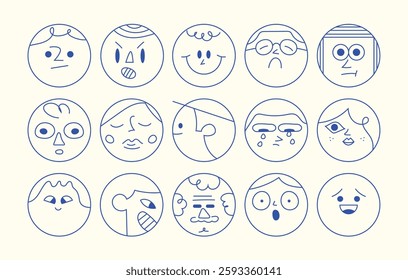 Set of faces in circles. Different hand drawn portraits. Blue line cartoon characters. Funny and childish heads. Avatars of people with various expressions.