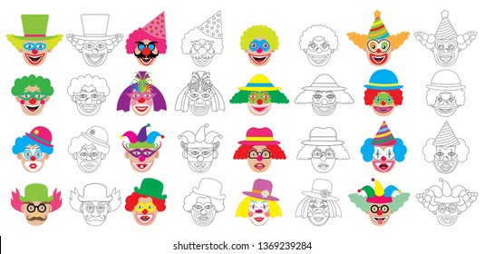 Set of faces of clown, coloring book. Vector illustration.