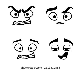 Set of faces in comic style on a white background. Eyes, lips, mouth, nose, eyebrows.Vector stock illustration. isolated. Characters with different facial expressions. Angry, scared, in love, puzzled