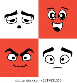 Conjunto de caras con estilo cómico en un fondo de color. Ojos, labios, boca, nariz, cejas.Ilustración del vector. aislado. Caracteres con diferentes expresiones faciales. Molesto, sobregosto, normal