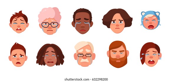 Set of faces crying person. Different sad people, children, young, adults, old collection. Colorful vector illustration in cartoon style.