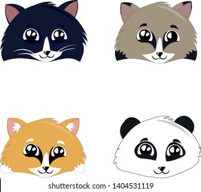 Set of faces of cute animals in cartoon style. Panda, cat, fox, raccoon. Friendship, game. Children's illustration. Logo design for a veterinary clinic, a zoo, a shelter.
