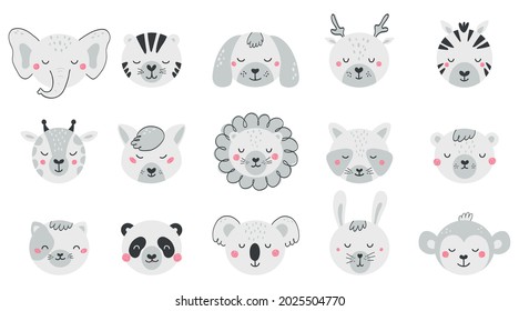 Set with faces cute animals for kid. Collection baby animal characters in flat style. Black and white illustration with cat, dog, lion, bear, fox isolated on white background. Vector