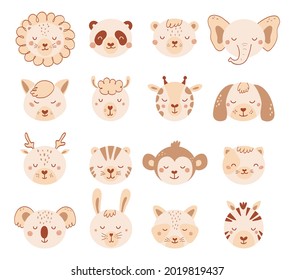 Set with faces cute animals in pastel colors for kid. Collection baby animal characters in flat style. Illustration with cat, dog, lion, panda, bear isolated on white background. Vector
