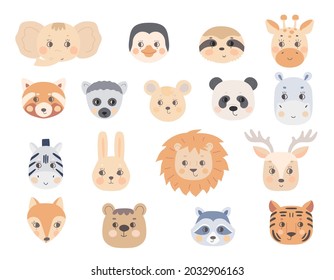 A set of faces of cute animals in red beige and gray blue colors. Heads of funny fox, elephant, tiger, lion, lemur, panda, penguin, sloth. Vector for the design of baby clothes and posters