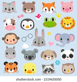 Set of Faces Cute Cartoon Animals on a white background