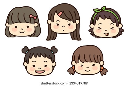 Set of faces of cute girls with outlines