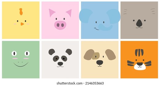 Set of faces of cute little animals.   Simple flat portraits of baby chicken, pig, elephant, koala, frog, panda, dog, tiger. Design for children clothes. Vector illustration.