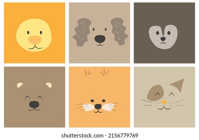 Set of faces of cute little animals. Simple flat portraits of baby lion, dog, hedgehog, bear, squirrel, cat. Design for children clothes. Vector illustration.