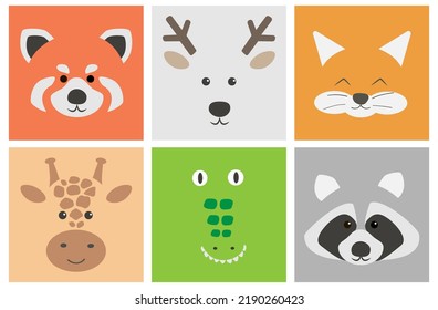 Set of faces of cute little animals. Simple flat portraits of baby red panda, reindeer, fox, giraffe, crocodile, racoon. Design for children clothes. Vector illustration.