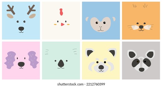 Set of faces of cute little animals. Simple flat portraits of baby deer, chicken, monkey, squirrel, dog, koala, red panda, lemur. Design for children clothes. Vector illustration.