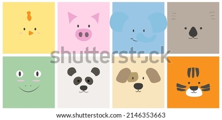 Set of faces of cute little animals.   Simple flat portraits of baby chicken, pig, elephant, koala, frog, panda, dog, tiger. Design for children clothes. Vector illustration.