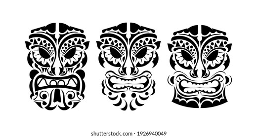 Set of faces of devils in ornament style. Polynesian, Maori or Hawaiian tribal patterns. Good for prints, tattoos, and t-shirts. Isolated. Vector illustration.