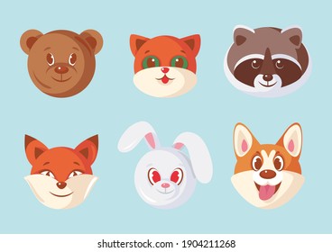 Set of faces of different animals: bear, cat, raccoon, fox, hare, dog. Vector illustration, character, portrait, icon, avatar, sticker, print