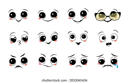 Set of faces with different emotions. Joyful and sad smiles, tears and happiness, angry, suspicious or frowning eyes.