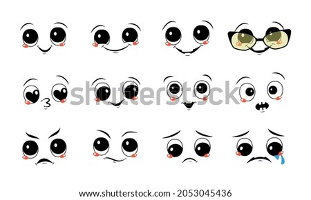 Set of faces with different emotions. Joyful and sad smiles, tears and happiness, angry, suspicious or frowning eyes.