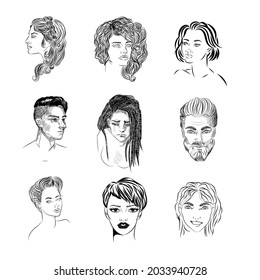 set of faces with different hairstyle. illustration isolated on white background
