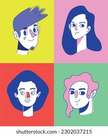 Conjunto de rostros dibujados estilo boceto, ilustración vectorial, variedad de etnias, colores y cortes de pelo sobre fondo de color