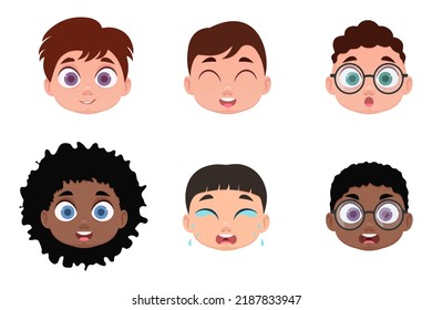Set of faces, emotions of boys. Vector illustration