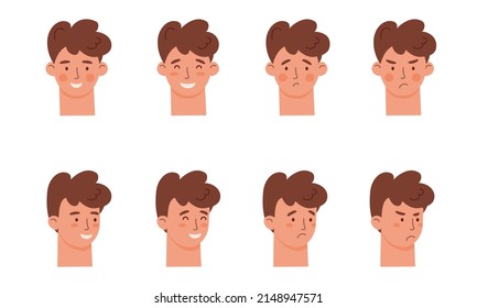 A set of faces with emotions of people joy, chagrin, surprise, anger isolated on a white background. Vector illustration in cartoon style for printing