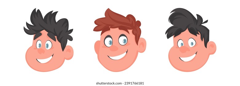 Set of faces of fat, cute and cheerful guys and men. Cartoon style