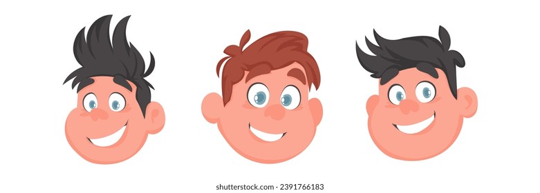 Set of faces of fat, cute and cheerful guys and men. Cartoon style