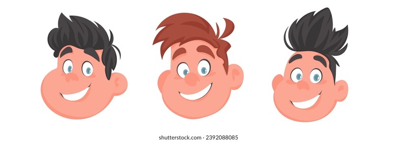 Set of faces of fat, cute and cheerful guys and men. Cartoon style