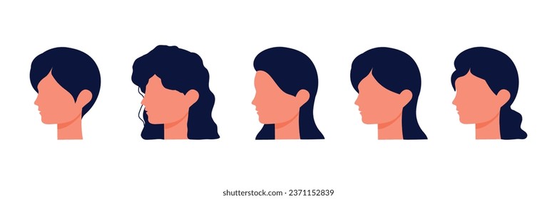 Set of faces in flat style. Care. Hairstyles. Isolated. White background.  women. Girls. Beauty and fashion. Vector illustration. Character. inclusion
