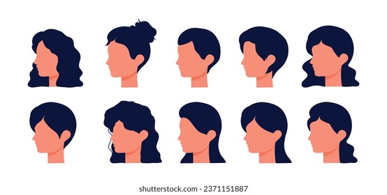 Set of faces in flat style. women. Vector illustration. isolated. Character. People. White background. Girls. Hair and Hairstyles