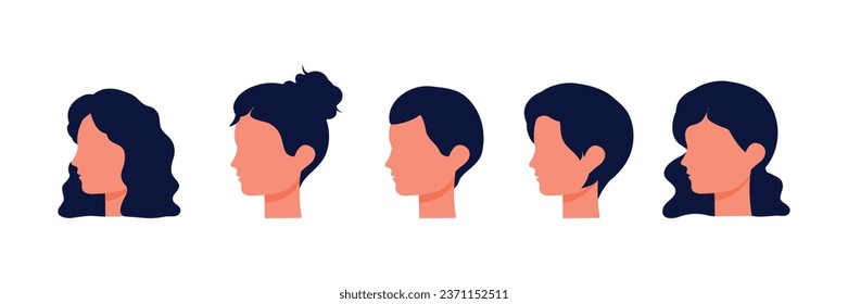 Set of faces in flat style. women. Girls. Beauty and fashion. Care. Hairstyles. Isolated. White background. Vector illustration. Character. People. inclusion