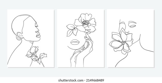 Set of faces with flower. Abstract minimal portrait. - Vector illustration