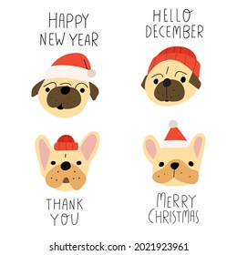 Set of faces of funny dogs for Christmas design. Vector illustration on white background.