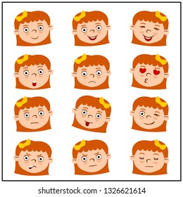 Set of faces of funny girl in cartoon style isolated on white background.