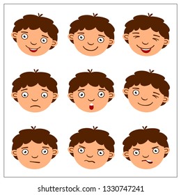 Set of faces of funny little boy with different emotions, isolated on white bacground