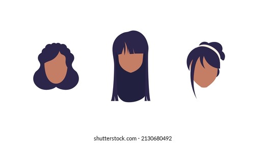 A set of faces of girls of African American appearance. Isolated on white background. Flat style.