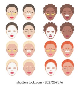 Set of faces of girls, blondes, brunettes, redheads, with moisturizing beauty masks for the face. Stages of facial care. Close-up of women's faces with patches, face and nose masks