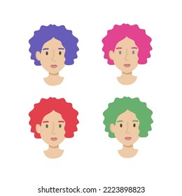 Set faces girls colored hair flat. Friendly young woman with short curly hair purple pink red green colors. Hand drawn vector illustration.