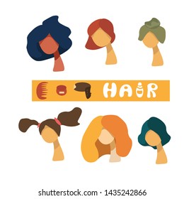 A set of faces of girls with different hairstyles and a dice with the inscription hair in a flat style on a white background.