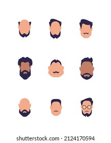 Set of faces of guys of different types and nationalities. Isolated on white background. Vector illustration.