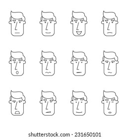 Set of faces individuals expressing emotions a linear style. Smile, angry, passionate, aggressive, tired, sleep.