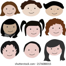 set of faces kids character isolated white background