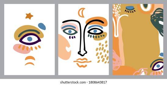 Set with faces, lips, noses, eyebrows drawn in a line with abstract spots, shapes in a trendy style. Banners template for advertising, social media, cosmetics and makeup covers. Vector illustration.