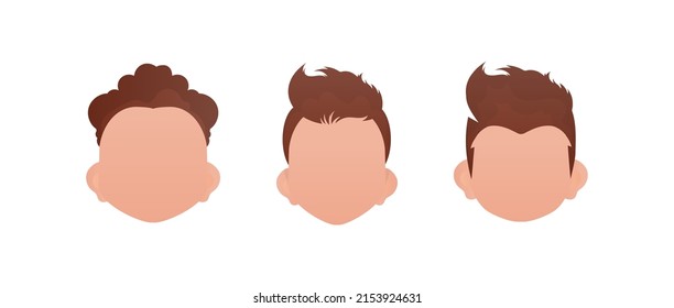 Conjunto de rostros de niños pequeños con diferentes estilos de cortes de pelo. Aislado. Vector.